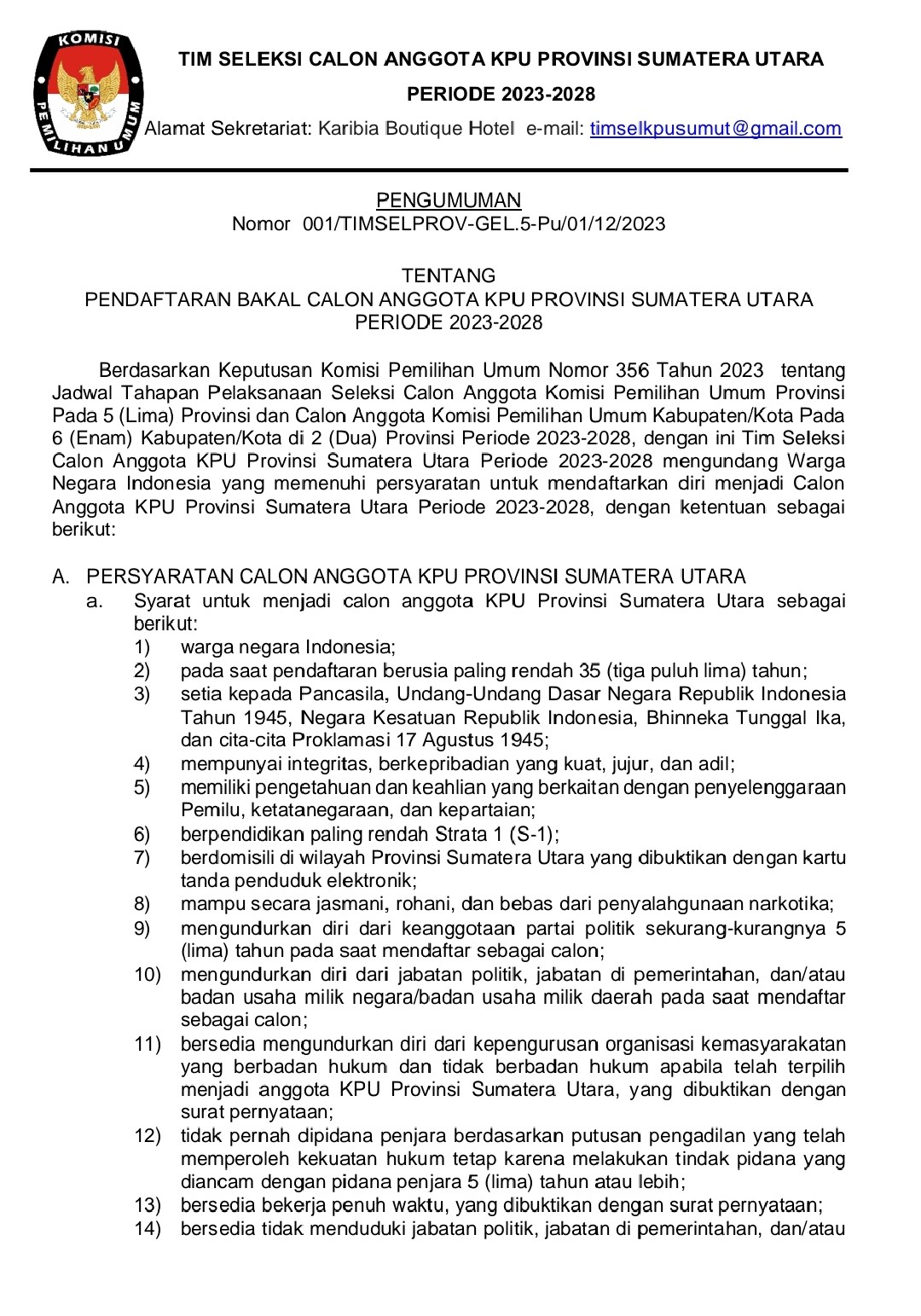 PENGUMUMAN Nomor 001/TIMSELPROV-GEL.5-Pu/01/12/2023 TENTANG  PENDAFTARAN BAKAL CALON ANGGOTA KPU PROVINSI SUMATERA UTARA  PERIODE 2023-2028